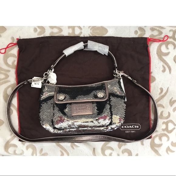 NWT RARE Coach gray sequin Poppy cross body bag - Picture 5 of 10